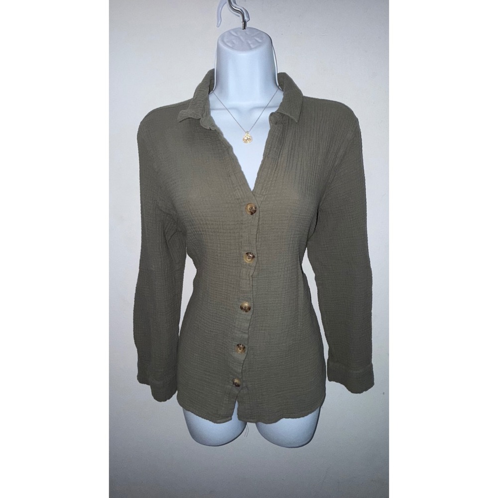 Coastal Comfort Women Olive Green Gauze Button Down Shirt Long Sleeve,  M